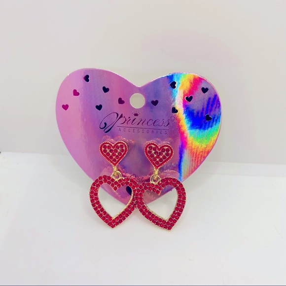 Earrings Hearts Red Rhinestones PIERCED! ADORABLE - Picture 8 of 9